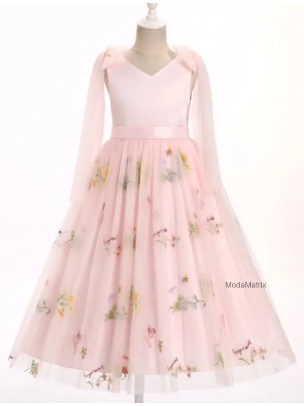 Flower Girl Tulle Maxi Dress with Floral Embroidery and Back Zipper for Wedding